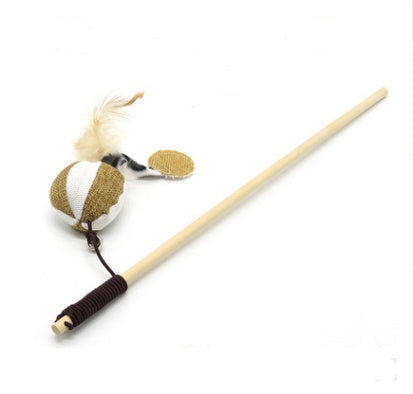 KFX-1709757 Wooden Cat Stick Toy with Hemp Feather Rope and Bell for Playful Kittens