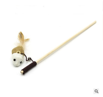KFX-1709757 Wooden Cat Stick Toy with Hemp Feather Rope and Bell for Playful Kittens
