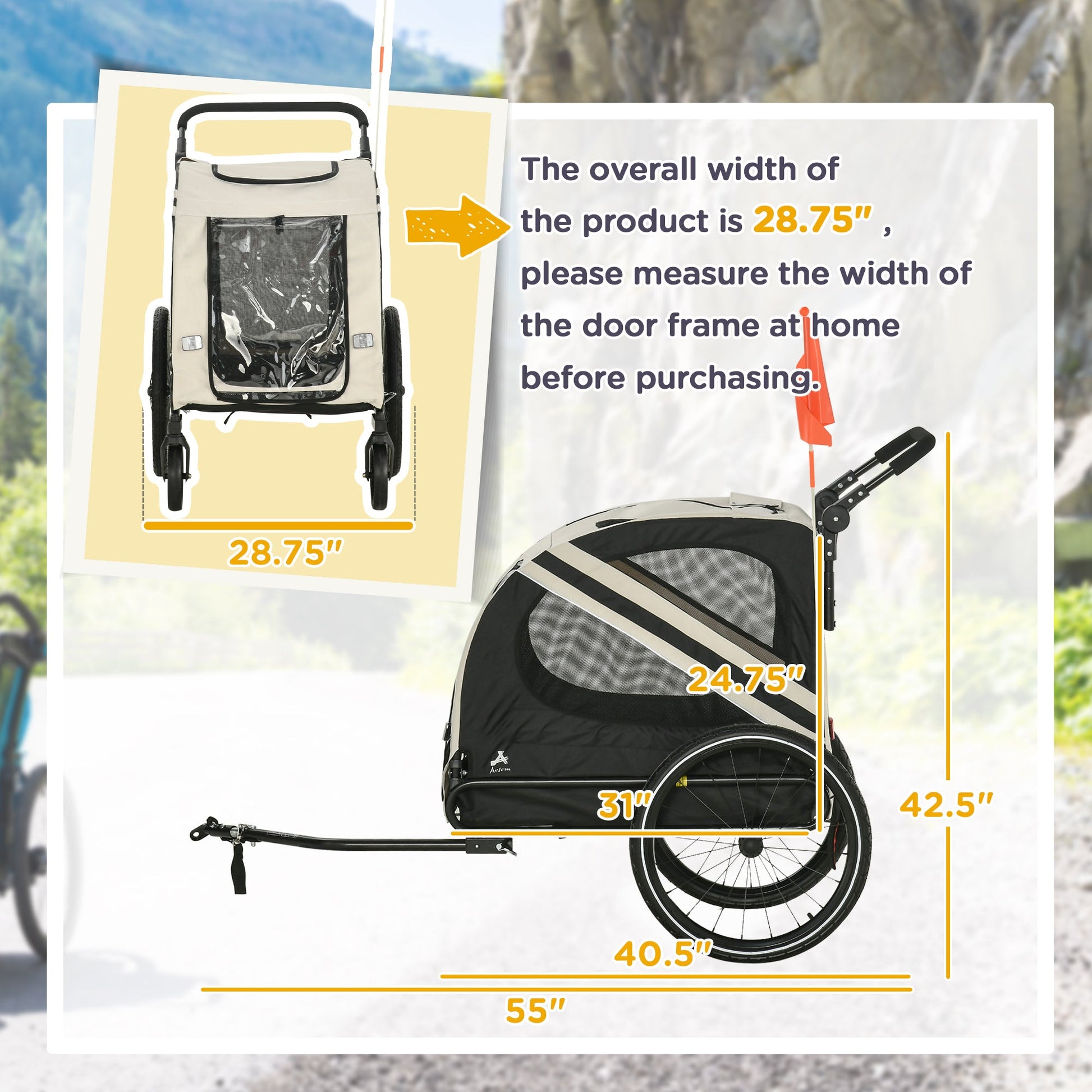 KFX-1710397 2-in-1 Pet Bike Trailer and Stroller for Small Dogs, Weather-Resistant Carrier with Safety Flag and Reflector