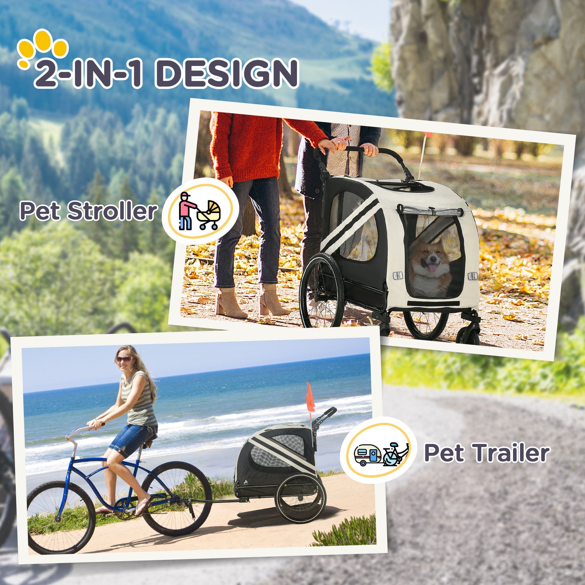 KFX-1710397 2-in-1 Pet Bike Trailer and Stroller for Small Dogs, Weather-Resistant Carrier with Safety Flag and Reflector