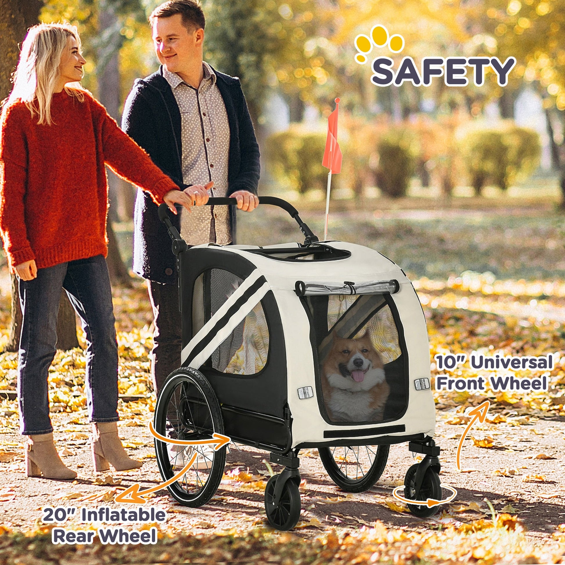 KFX-1710397 2-in-1 Pet Bike Trailer and Stroller for Small Dogs, Weather-Resistant Carrier with Safety Flag and Reflector