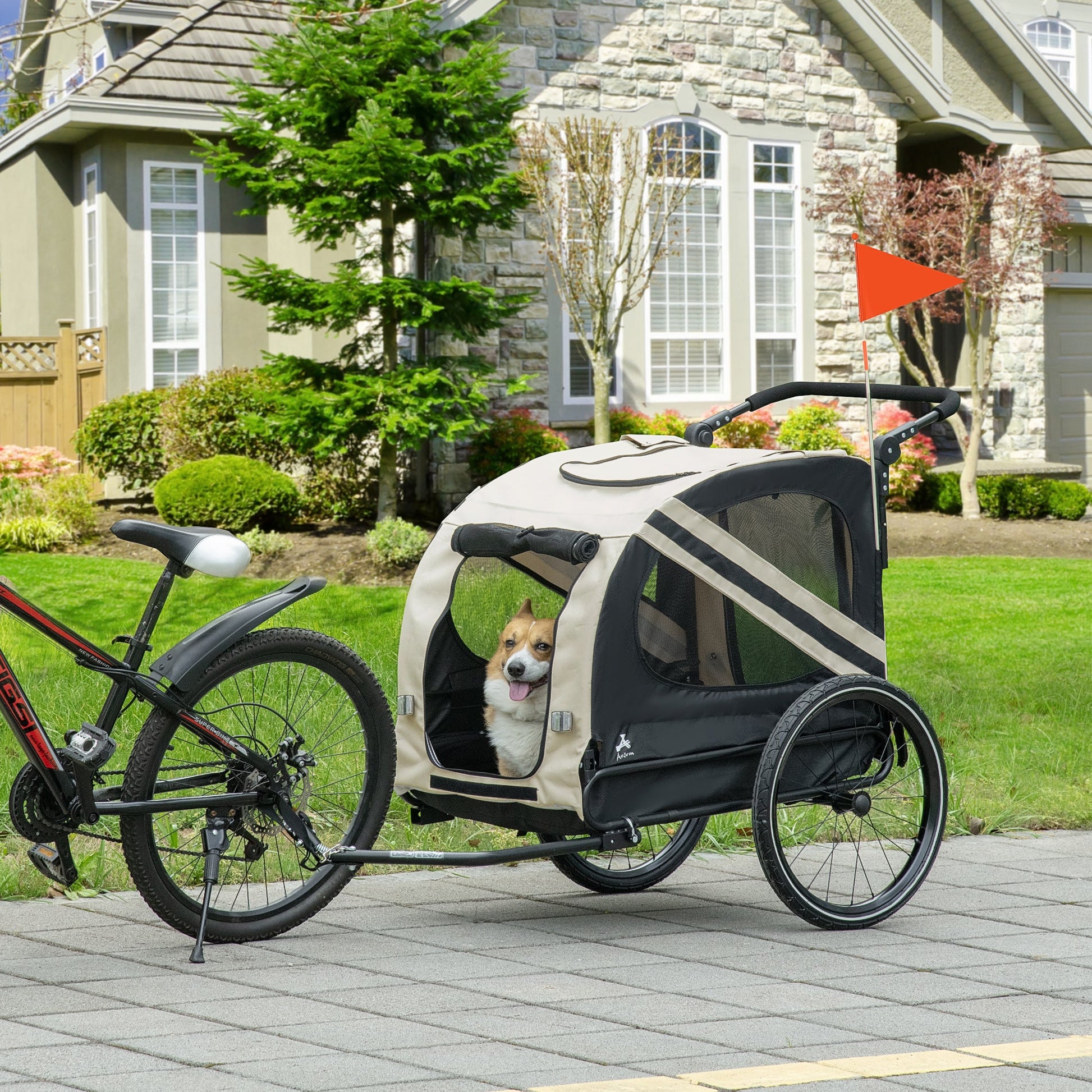 KFX-1710397 2-in-1 Pet Bike Trailer and Stroller for Small Dogs, Weather-Resistant Carrier with Safety Flag and Reflector