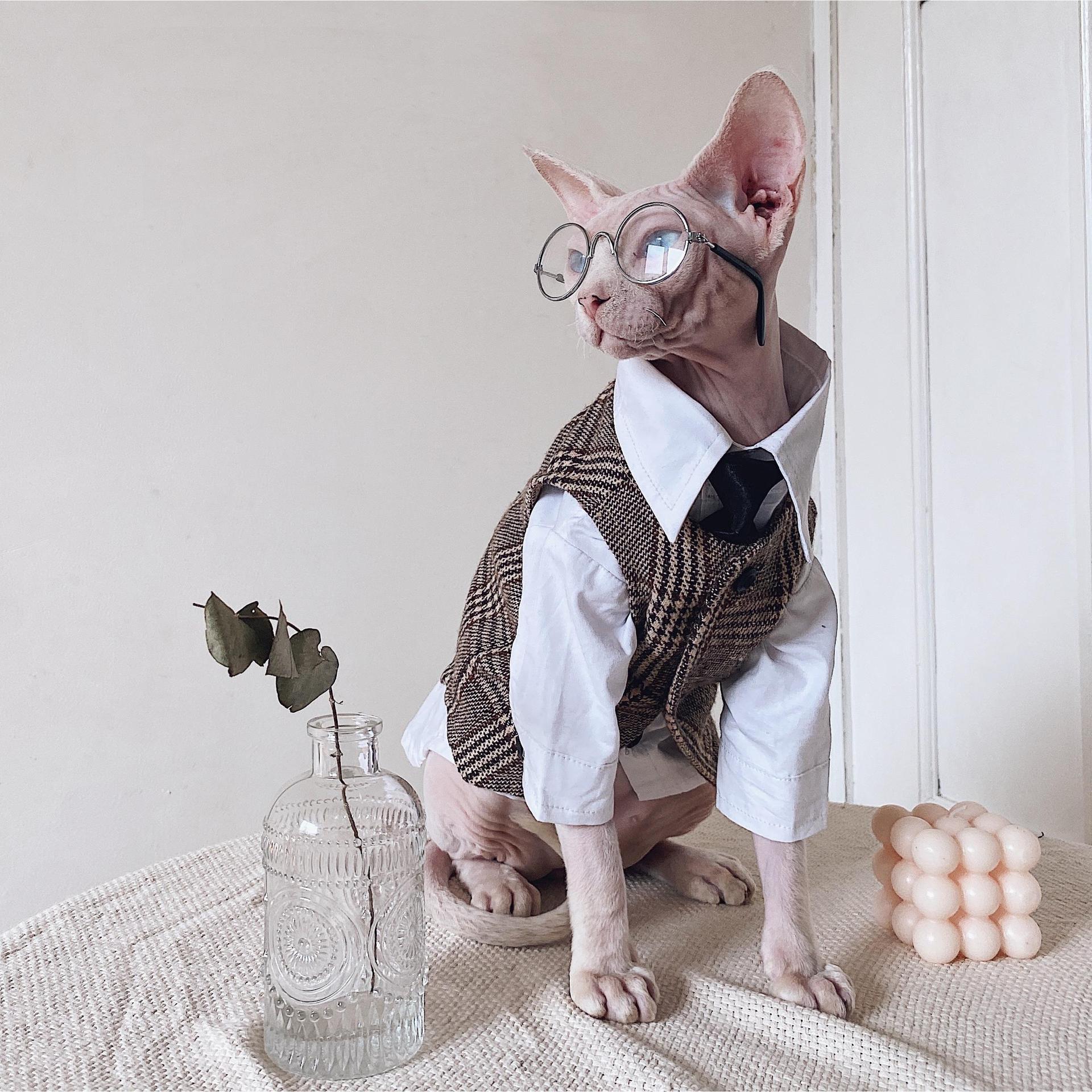 KFX-1720125 Sphinx Cat Outfit with Camel Plaid Jacket, Vest, and Shirts in Multiple Sizes