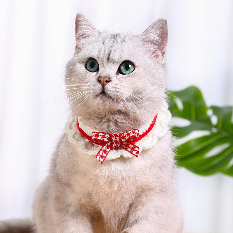 KFX-1722429 Hand-Woven Wool Cat Collar Bib in Red, Blue, Pink - XS to L Sizes Available