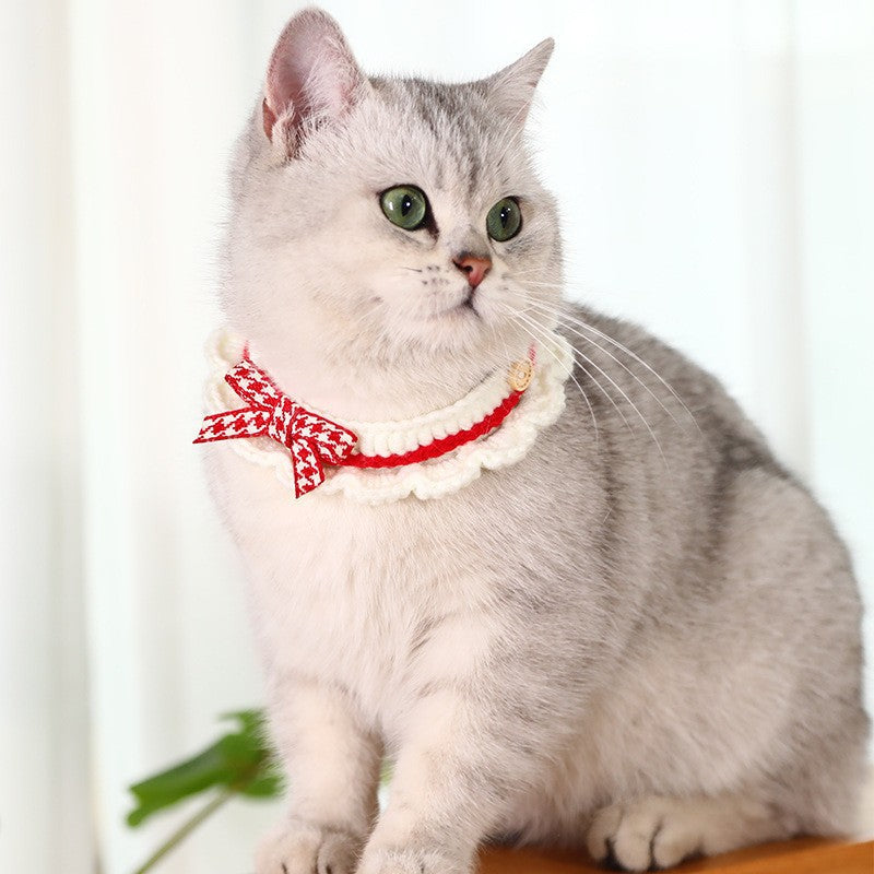 KFX-1722429 Hand-Woven Wool Cat Collar Bib in Red, Blue, Pink - XS to L Sizes Available