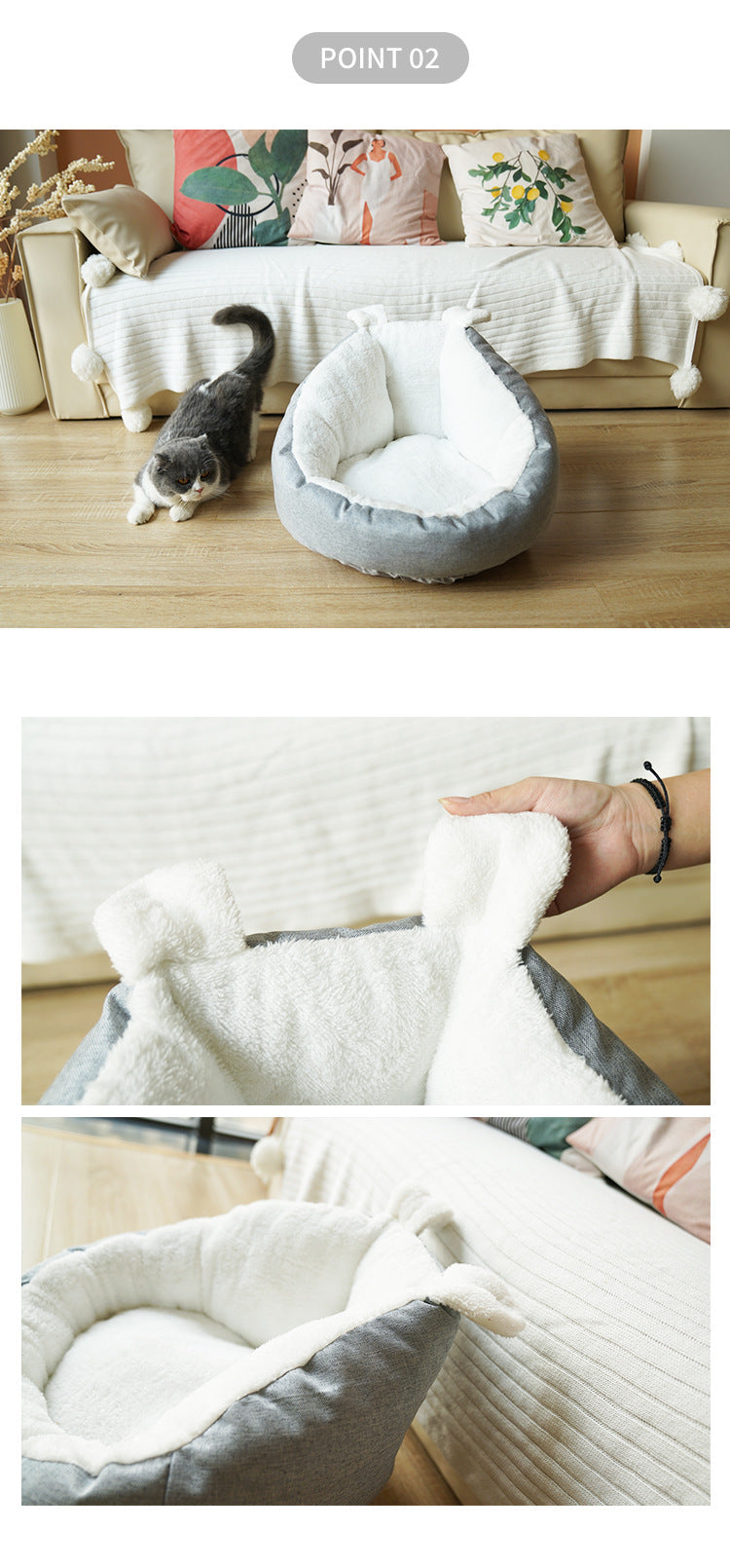 KFX-1730237 Comfortable Gray Enclosed Space Capsule Cat House - Soft Cloth Pet Bed with Litter Included