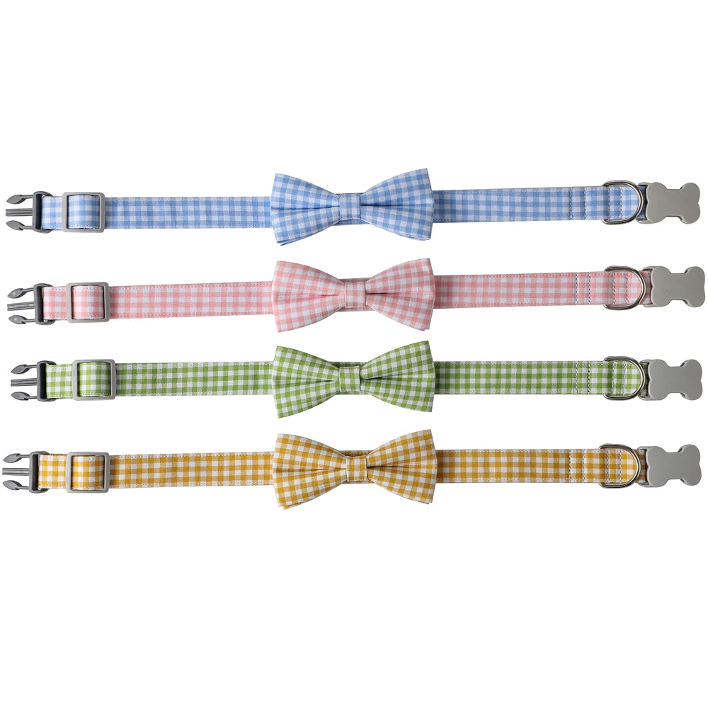 KFX-1733949 Checkered Cotton Polyester Dog Collar with Bow Tie - Multiple Colors Available