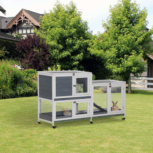 KFX-1735613 Elevated Wooden Rabbit Hutch with Lockable Doors and Openable Top for Small Animals, Indoor/Outdoor Habitat, 57.75" x 18" x 32.5" Gray