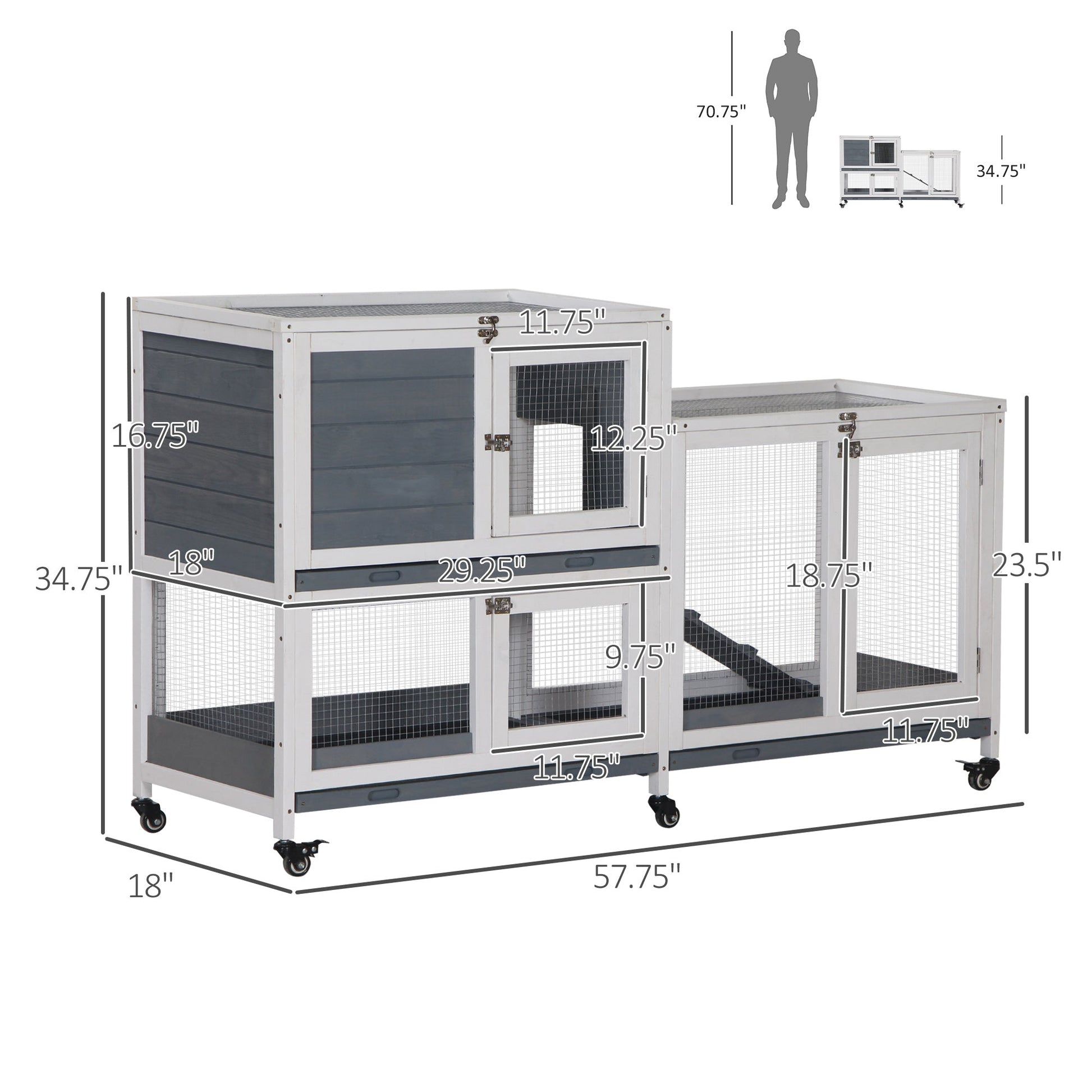 KFX-1735613 Elevated Wooden Rabbit Hutch with Lockable Doors and Openable Top for Small Animals, Indoor/Outdoor Habitat, 57.75" x 18" x 32.5" Gray