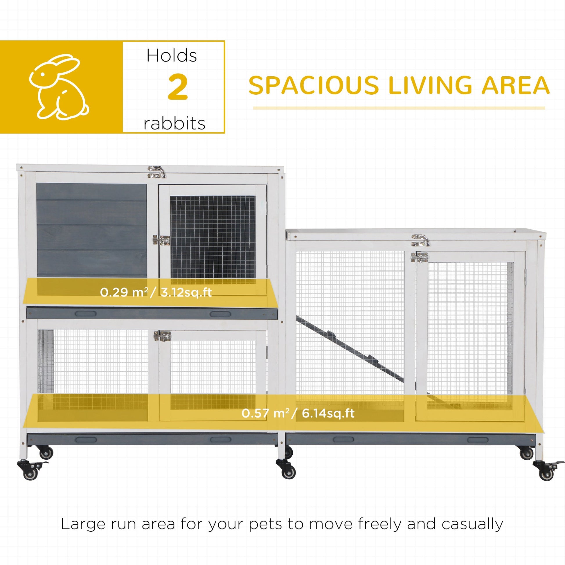 KFX-1735613 Elevated Wooden Rabbit Hutch with Lockable Doors and Openable Top for Small Animals, Indoor/Outdoor Habitat, 57.75" x 18" x 32.5" Gray