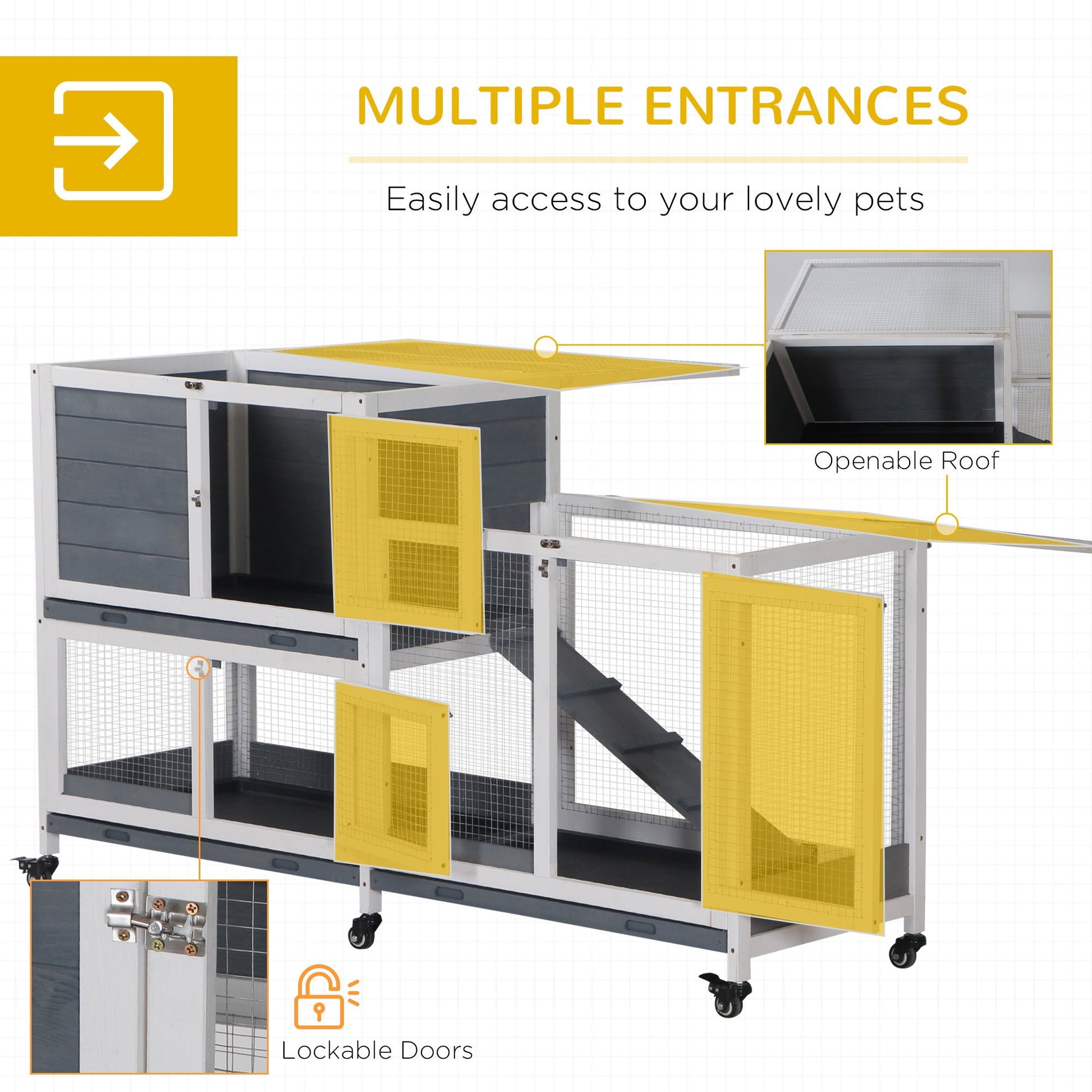 KFX-1735613 Elevated Wooden Rabbit Hutch with Lockable Doors and Openable Top for Small Animals, Indoor/Outdoor Habitat, 57.75" x 18" x 32.5" Gray