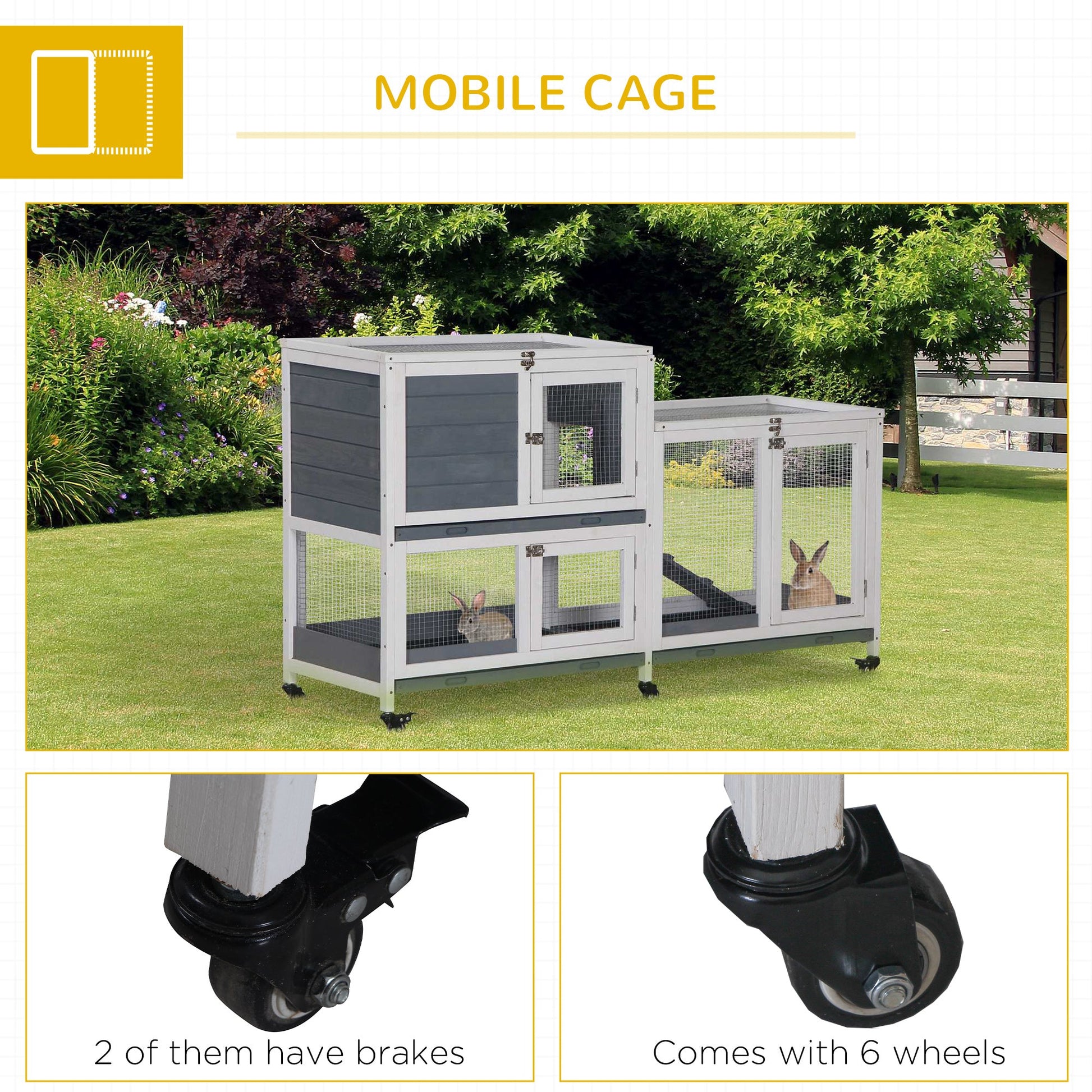 KFX-1735613 Elevated Wooden Rabbit Hutch with Lockable Doors and Openable Top for Small Animals, Indoor/Outdoor Habitat, 57.75" x 18" x 32.5" Gray