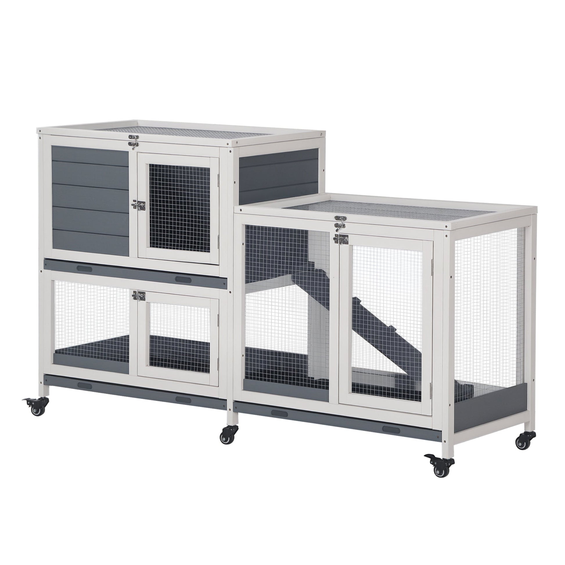 KFX-1735613 Elevated Wooden Rabbit Hutch with Lockable Doors and Openable Top for Small Animals, Indoor/Outdoor Habitat, 57.75" x 18" x 32.5" Gray