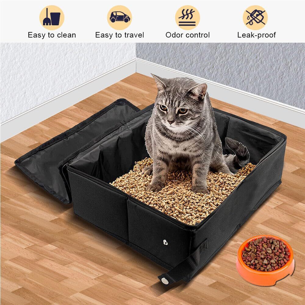 KFX-1737405 Foldable Cat Litter Box - Portable 600D Oxford Cloth Design in Black, 40x30x15cm Open Size