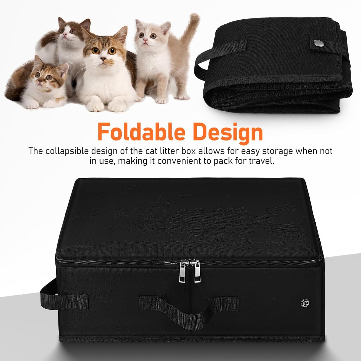 KFX-1737405 Foldable Cat Litter Box - Portable 600D Oxford Cloth Design in Black, 40x30x15cm Open Size