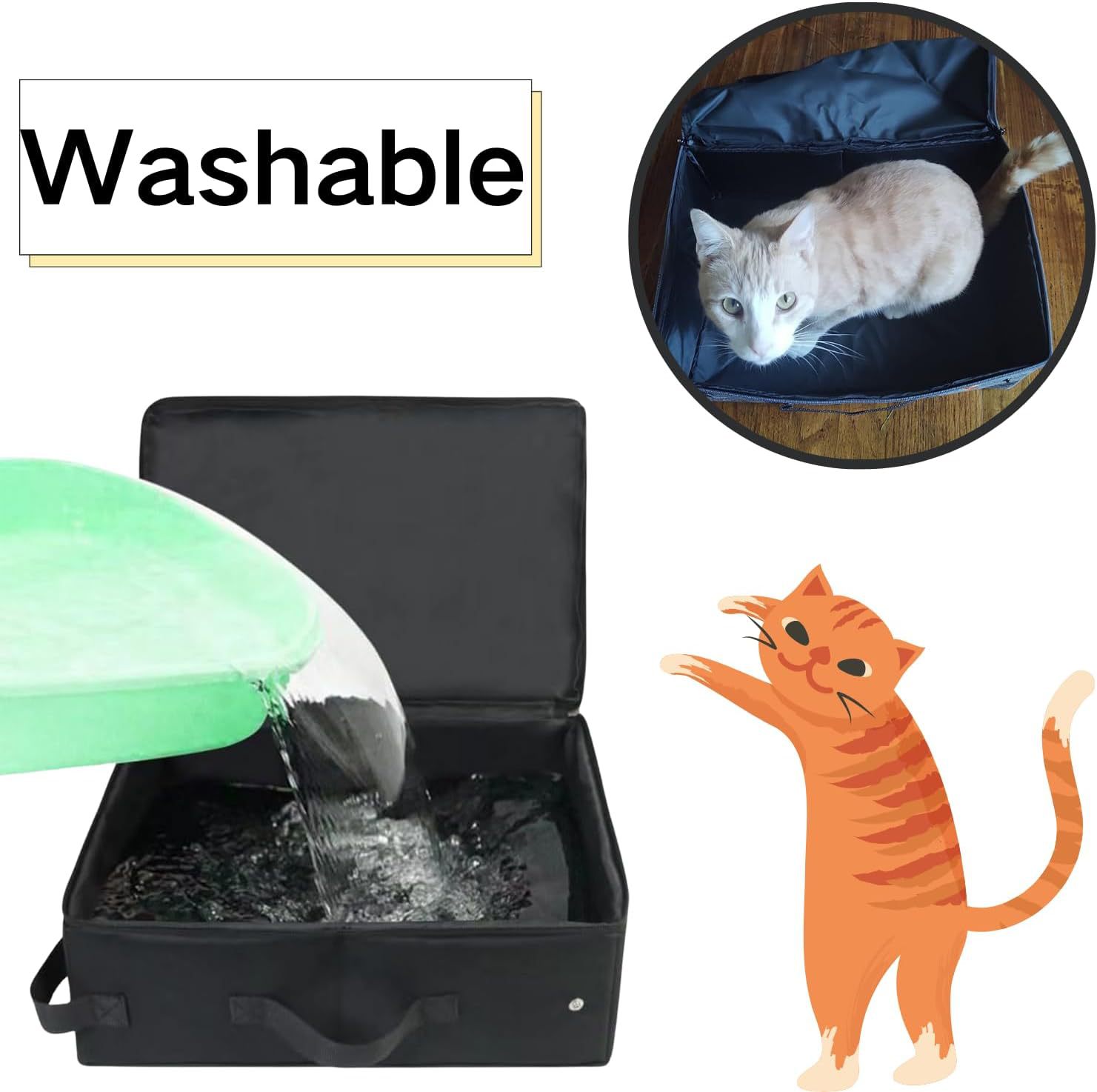 KFX-1737405 Foldable Cat Litter Box - Portable 600D Oxford Cloth Design in Black, 40x30x15cm Open Size