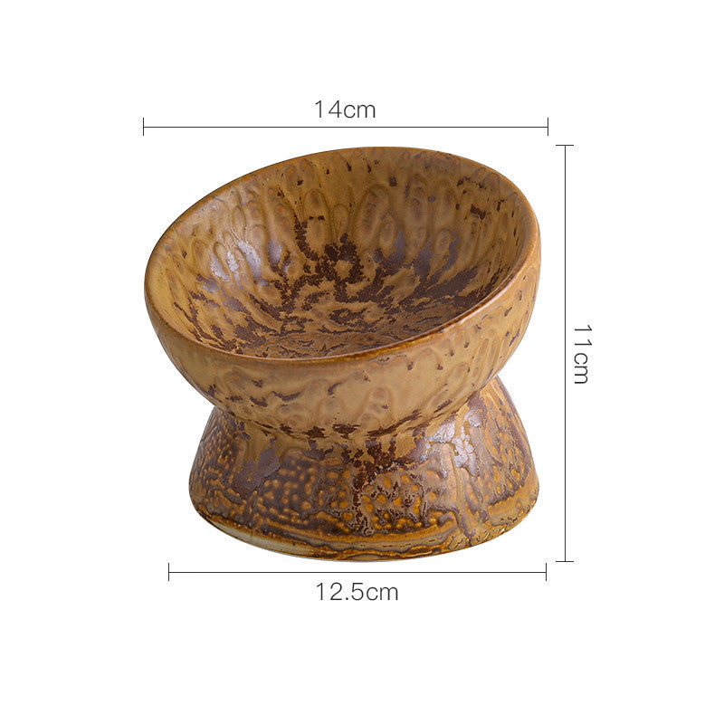 KFX-1737917 Ceramic Cat Bowl with Neck Guard - Available in Blue, Yellow Snowflakes, Beige Snowflakes, and Leopard Print
