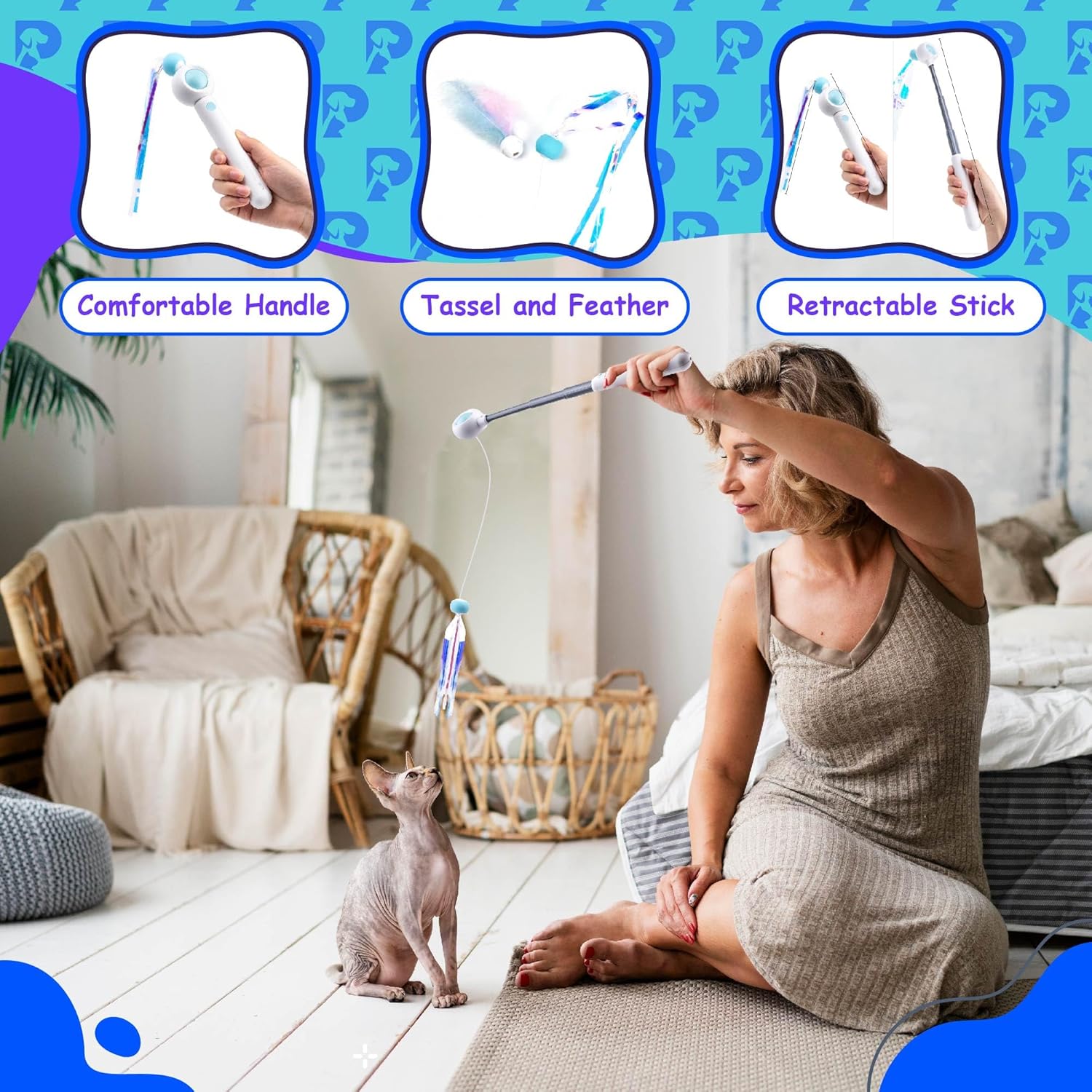 KFX-1739197 Adjustable Cat Wand Toy with Extendable Length from 8 to 17 Inches for Versatile Play