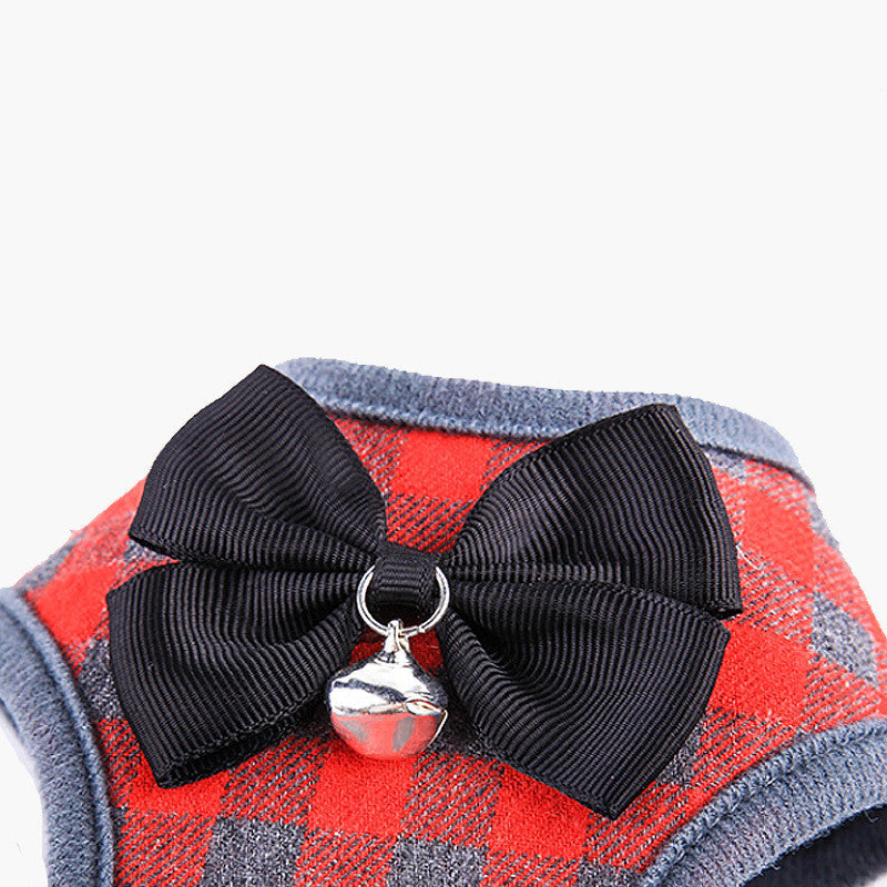 KFX-1740989 Small Dog Leash with Chest Strap - Adjustable Cotton Harness in Red, Black, and Dark Blue Lattice for Dogs 3-22 kg