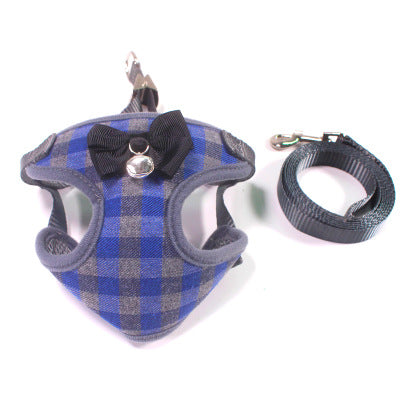 KFX-1740989 Small Dog Leash with Chest Strap - Adjustable Cotton Harness in Red, Black, and Dark Blue Lattice for Dogs 3-22 kg