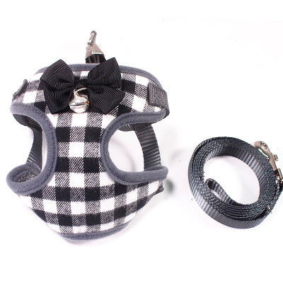 KFX-1740989 Small Dog Leash with Chest Strap - Adjustable Cotton Harness in Red, Black, and Dark Blue Lattice for Dogs 3-22 kg