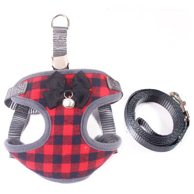 KFX-1740989 Small Dog Leash with Chest Strap - Adjustable Cotton Harness in Red, Black, and Dark Blue Lattice for Dogs 3-22 kg