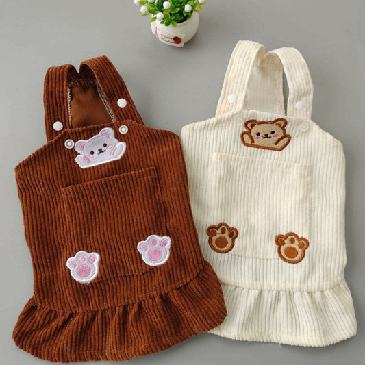 KFX-1742269 Bear Embroidered Corduroy Dress with Straps in Brown and Beige, Available in Various Sizes