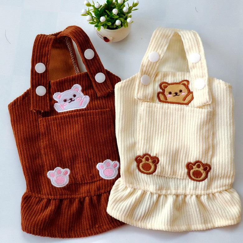 KFX-1742269 Bear Embroidered Corduroy Dress with Straps in Brown and Beige, Available in Various Sizes