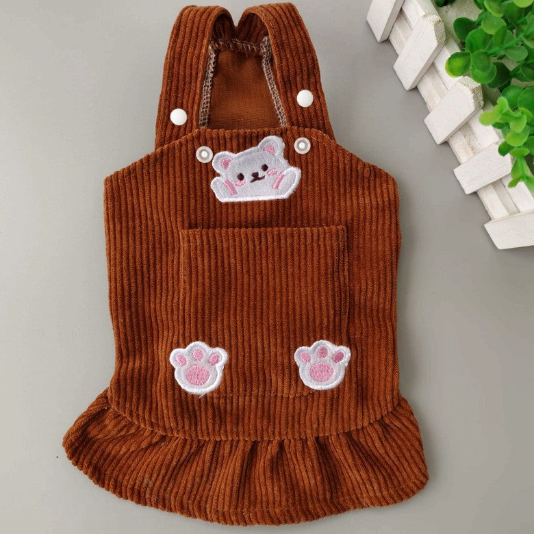 KFX-1742269 Bear Embroidered Corduroy Dress with Straps in Brown and Beige, Available in Various Sizes