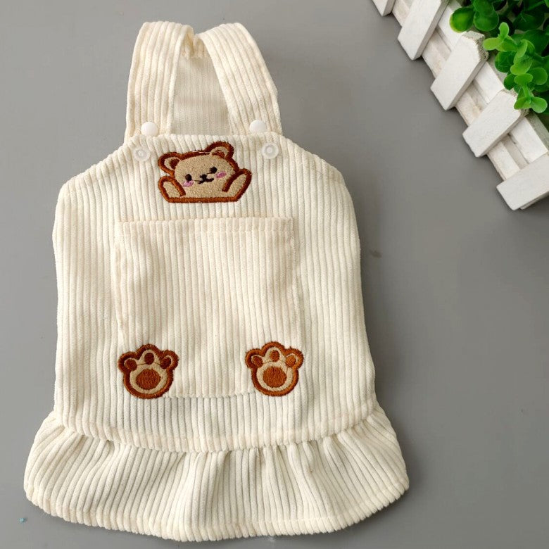 KFX-1742269 Bear Embroidered Corduroy Dress with Straps in Brown and Beige, Available in Various Sizes