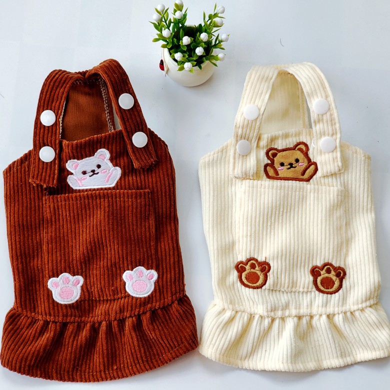 KFX-1742269 Bear Embroidered Corduroy Dress with Straps in Brown and Beige, Available in Various Sizes
