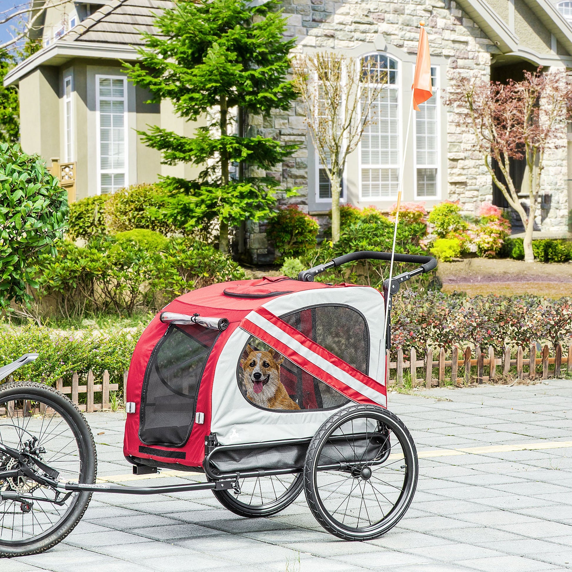 KFX-1743165 2-in-1 Pet Bike Trailer and Stroller for Small Dogs, Weather-Resistant Carrier with Safety Flag and Reflector, Red
