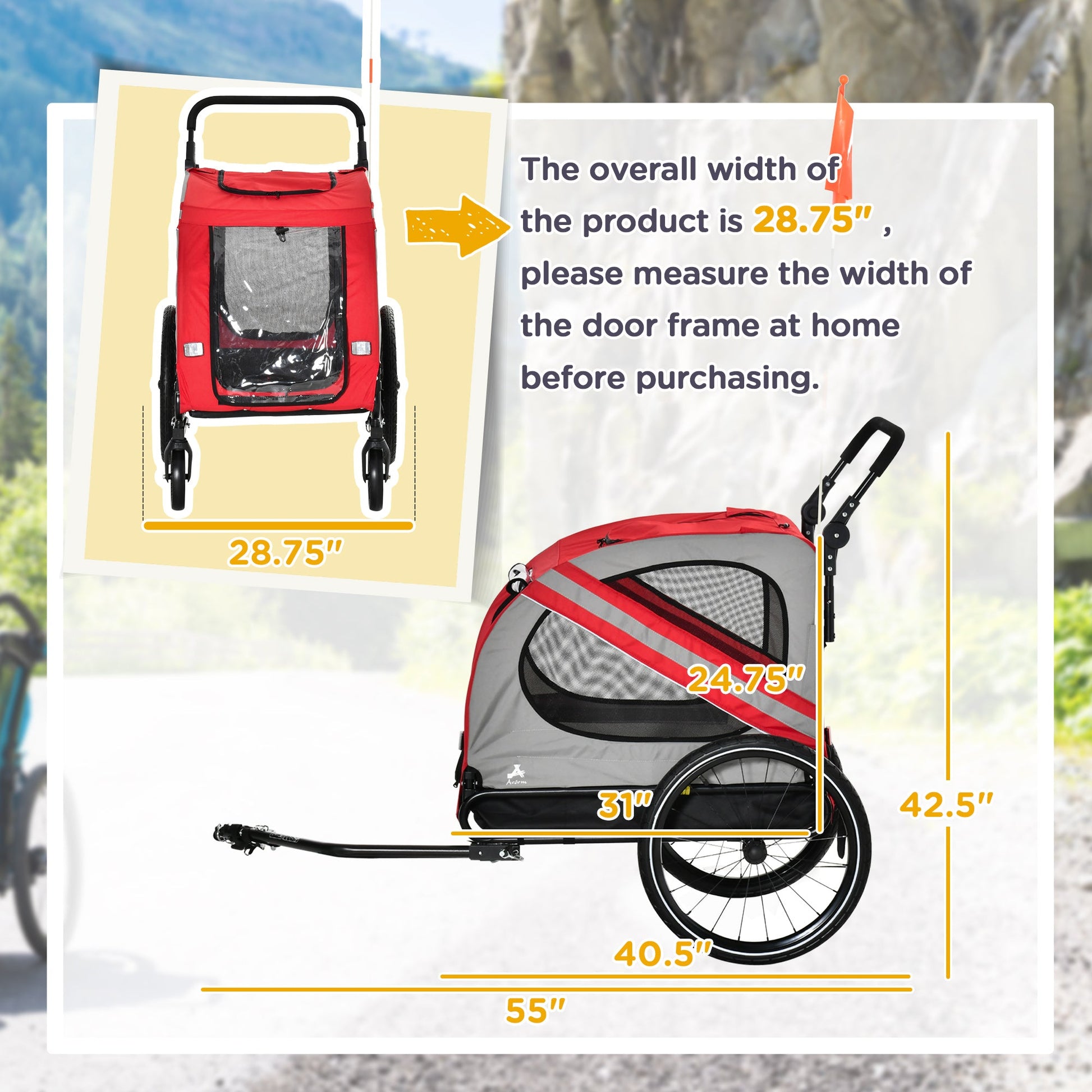KFX-1743165 2-in-1 Pet Bike Trailer and Stroller for Small Dogs, Weather-Resistant Carrier with Safety Flag and Reflector, Red