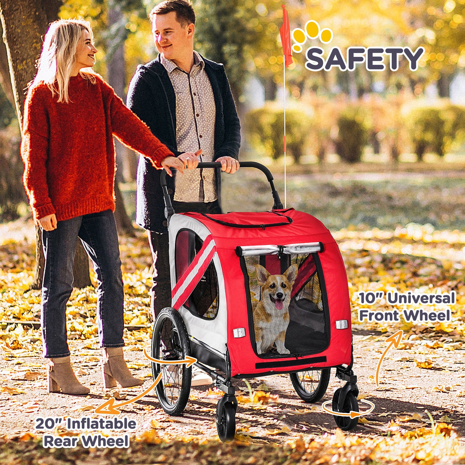KFX-1743165 2-in-1 Pet Bike Trailer and Stroller for Small Dogs, Weather-Resistant Carrier with Safety Flag and Reflector, Red