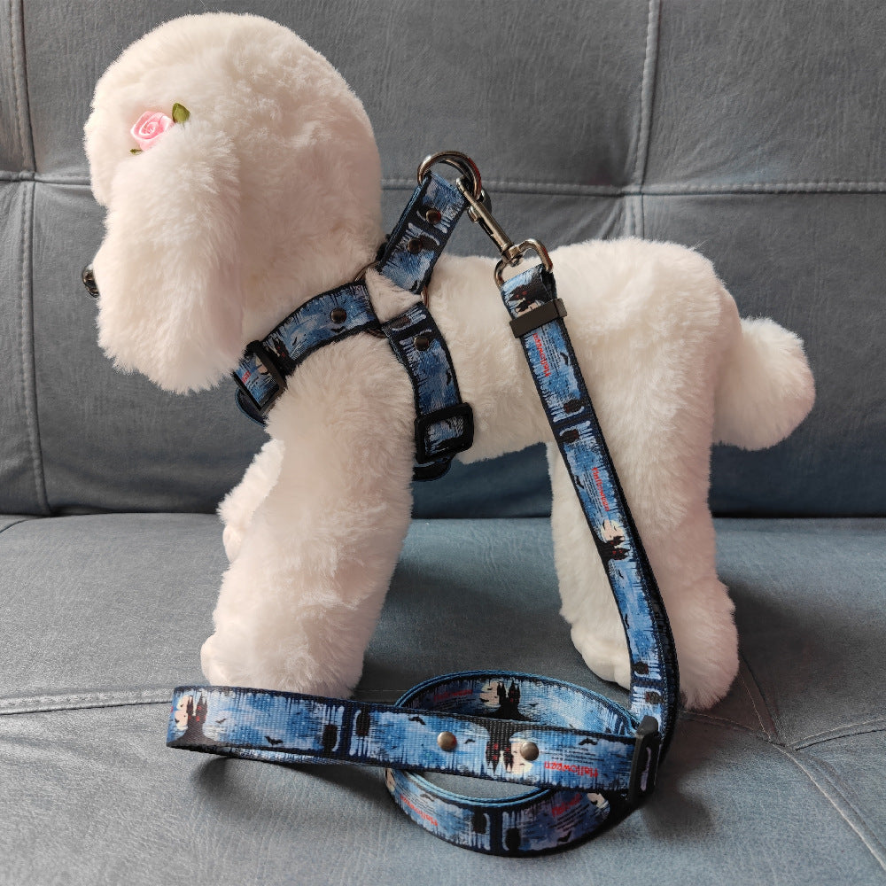 KFX-1758269 Halloween-Themed Pet Dog Print Leash and Chest Harness Set in Polyester with Multiple Size Options
