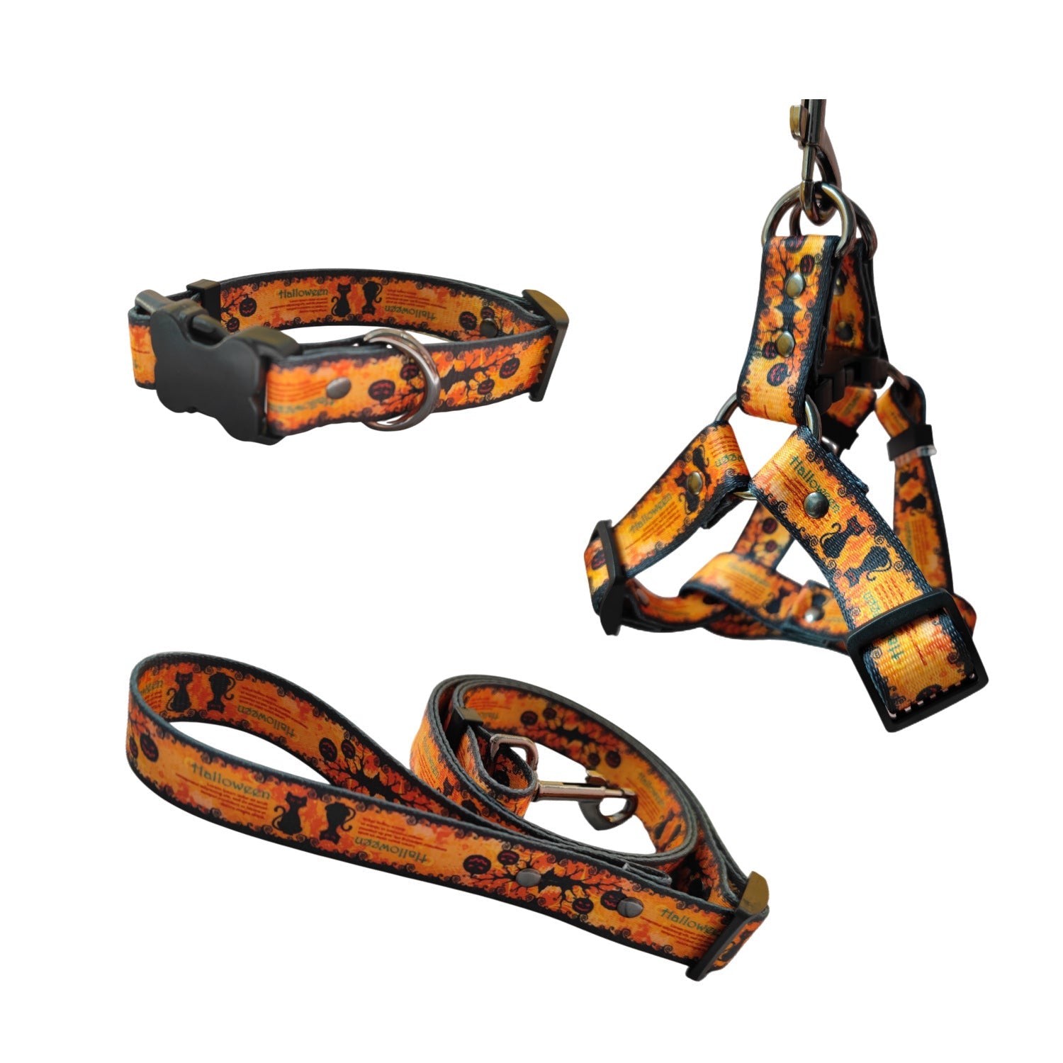 KFX-1758269 Halloween-Themed Pet Dog Print Leash and Chest Harness Set in Polyester with Multiple Size Options