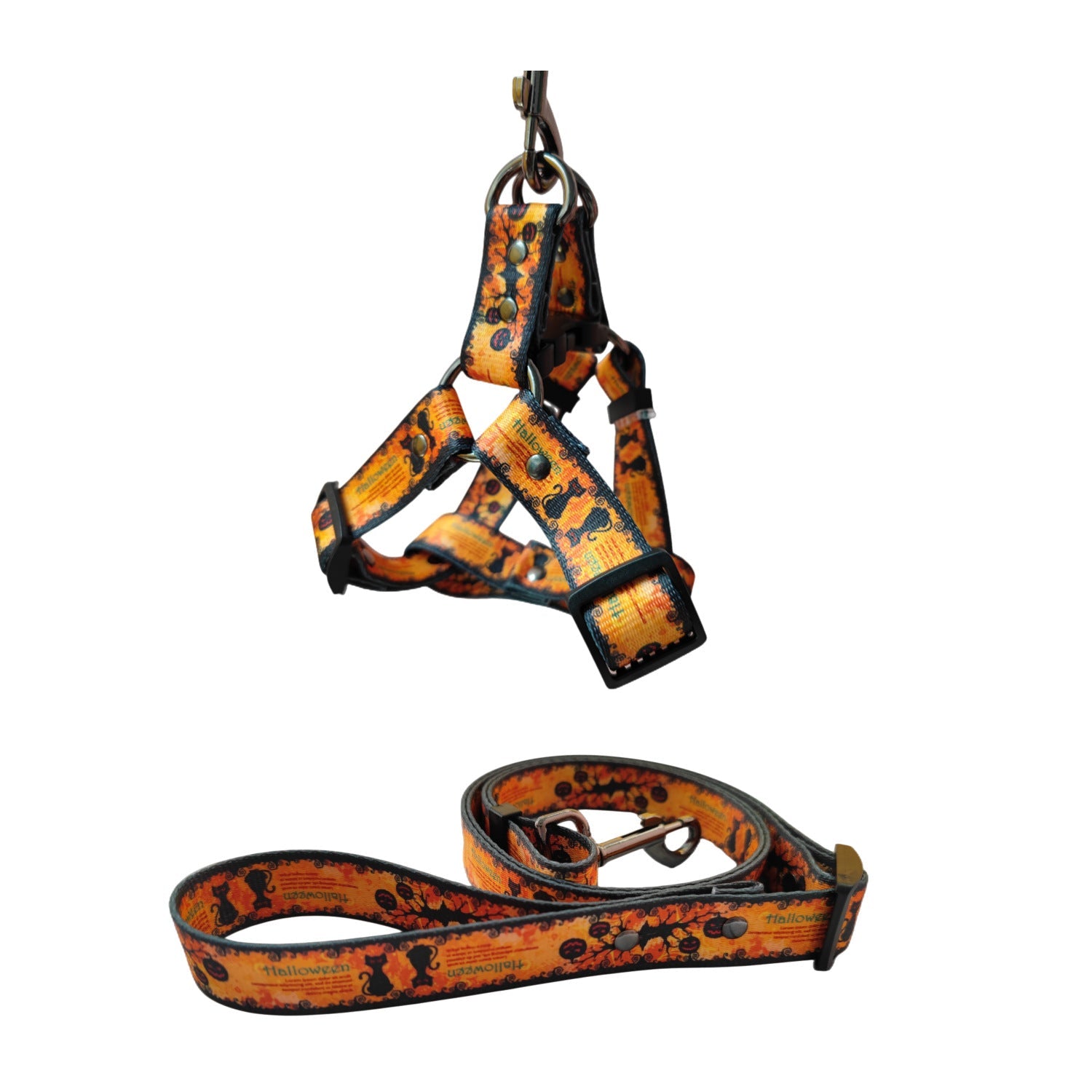 KFX-1758269 Halloween-Themed Pet Dog Print Leash and Chest Harness Set in Polyester with Multiple Size Options