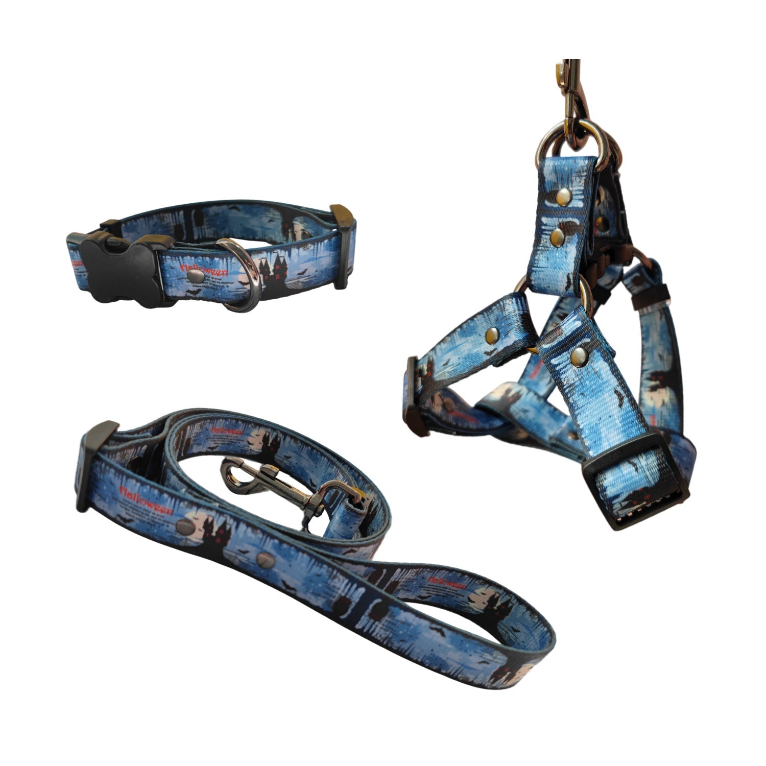KFX-1758269 Halloween-Themed Pet Dog Print Leash and Chest Harness Set in Polyester with Multiple Size Options