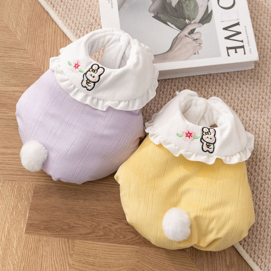 KFX-1763517 Bunny Embroidered Pet Coat with Ruffled Collar and Fluffy Tail in Lavender and Yellow