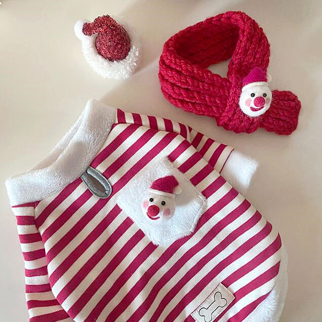 KFX-1767101 Christmas Dog Clothes Set with Red Stripes and Scarf for Stylish Pet Outfits