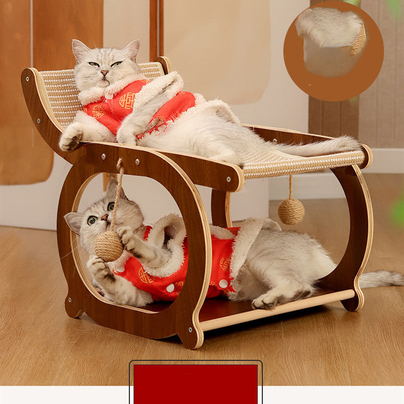 KFX-1768765 Solid Wood Sisal Cat Bed with Scratch Resistance - Multifunctional Recliner in Wood or Walnut Finish