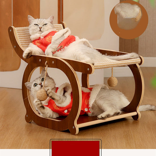 KFX-1768765 Solid Wood Sisal Cat Bed with Scratch Resistance - Multifunctional Recliner in Wood or Walnut Finish