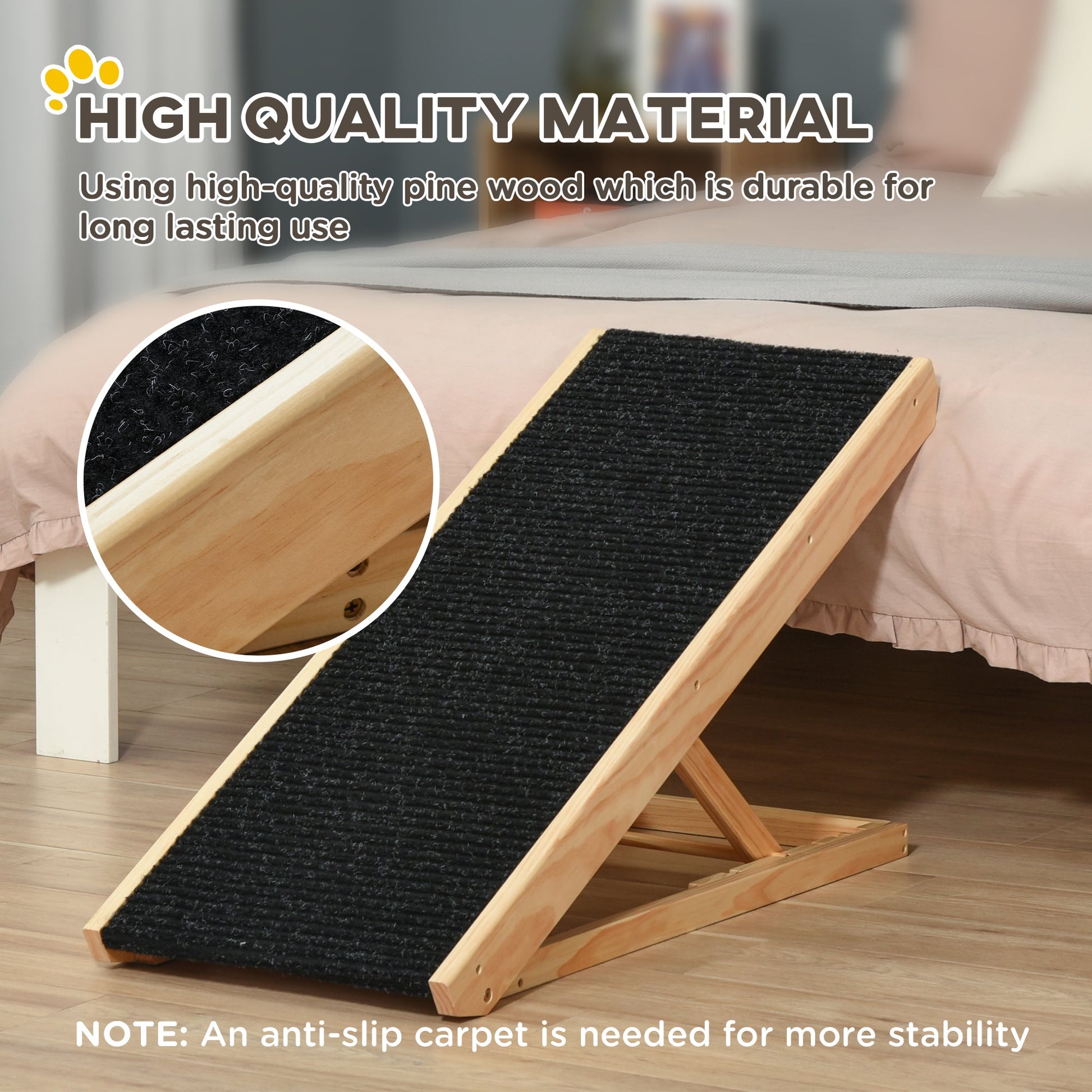 KFX-1770173 Adjustable Elevated Pet Ramp for Small and Senior Dogs - Non-Slip Pine Design, Easy Storage, 4 Height Options
