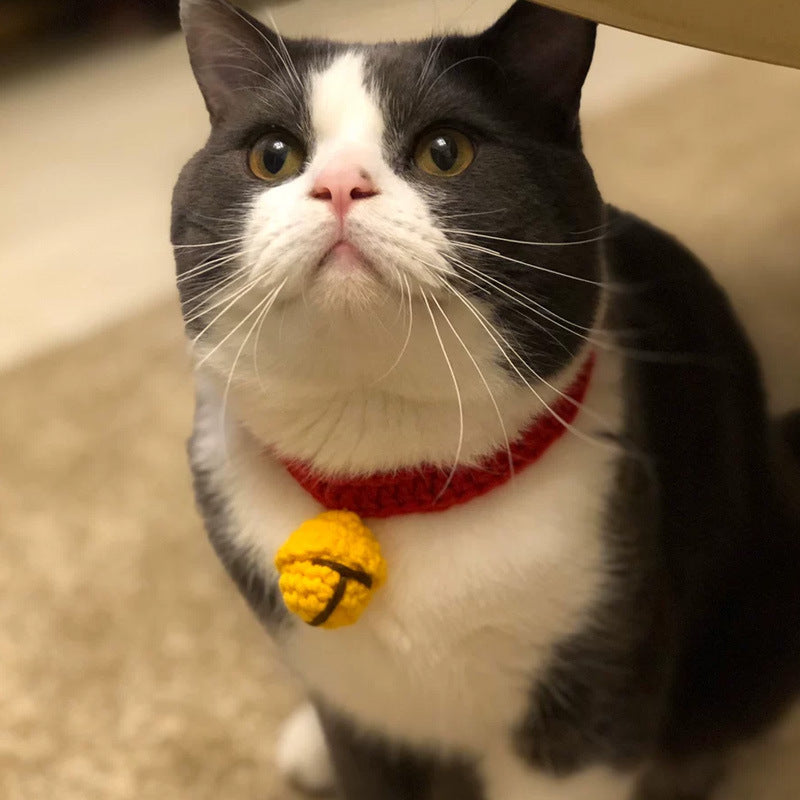 KFX-1772477 Cute Cartoon Wool Cat Collar in Red and Yellow, Adjustable 15cm-30cm for All Seasons