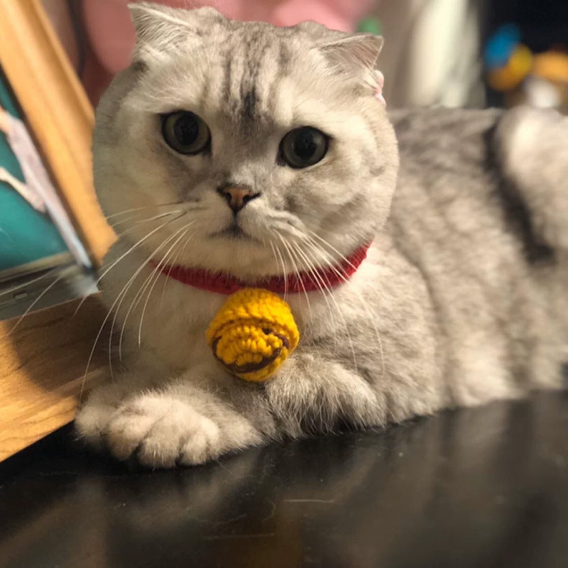 KFX-1772477 Cute Cartoon Wool Cat Collar in Red and Yellow, Adjustable 15cm-30cm for All Seasons