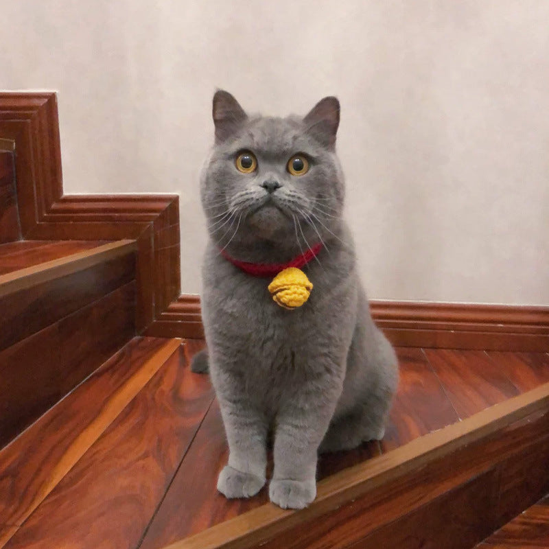 KFX-1772477 Cute Cartoon Wool Cat Collar in Red and Yellow, Adjustable 15cm-30cm for All Seasons