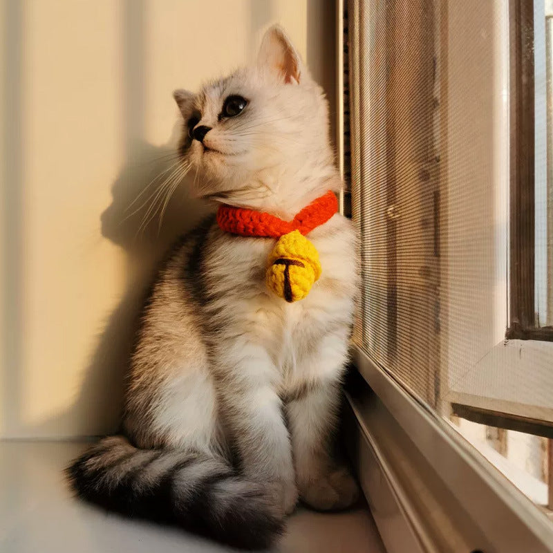 KFX-1772477 Cute Cartoon Wool Cat Collar in Red and Yellow, Adjustable 15cm-30cm for All Seasons