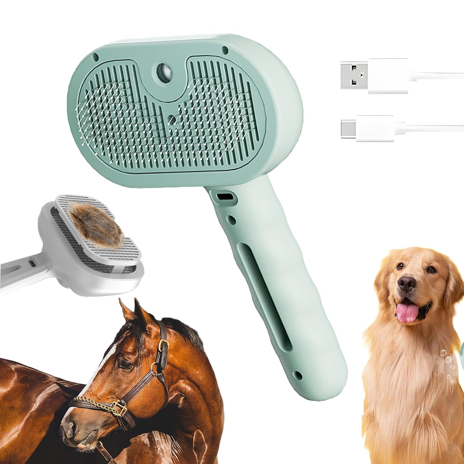 KFX-1781821 3-in-1 Self-Cleaning Steam Brush for Horses, Cats, and Dogs - Silicone Bristles & Water Mist for Shedding