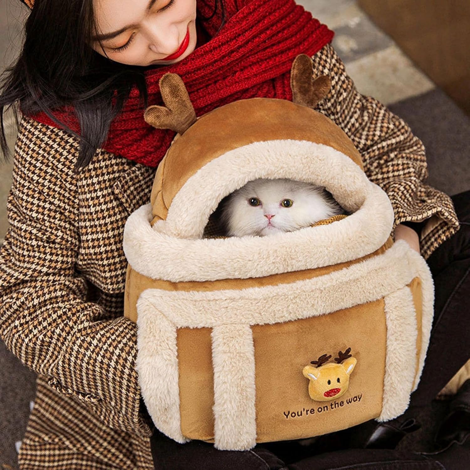 KFX-1788221 Pet Carrier Backpack for Dogs - Plush Winter Outdoor Travel Bag with Hand Warmers