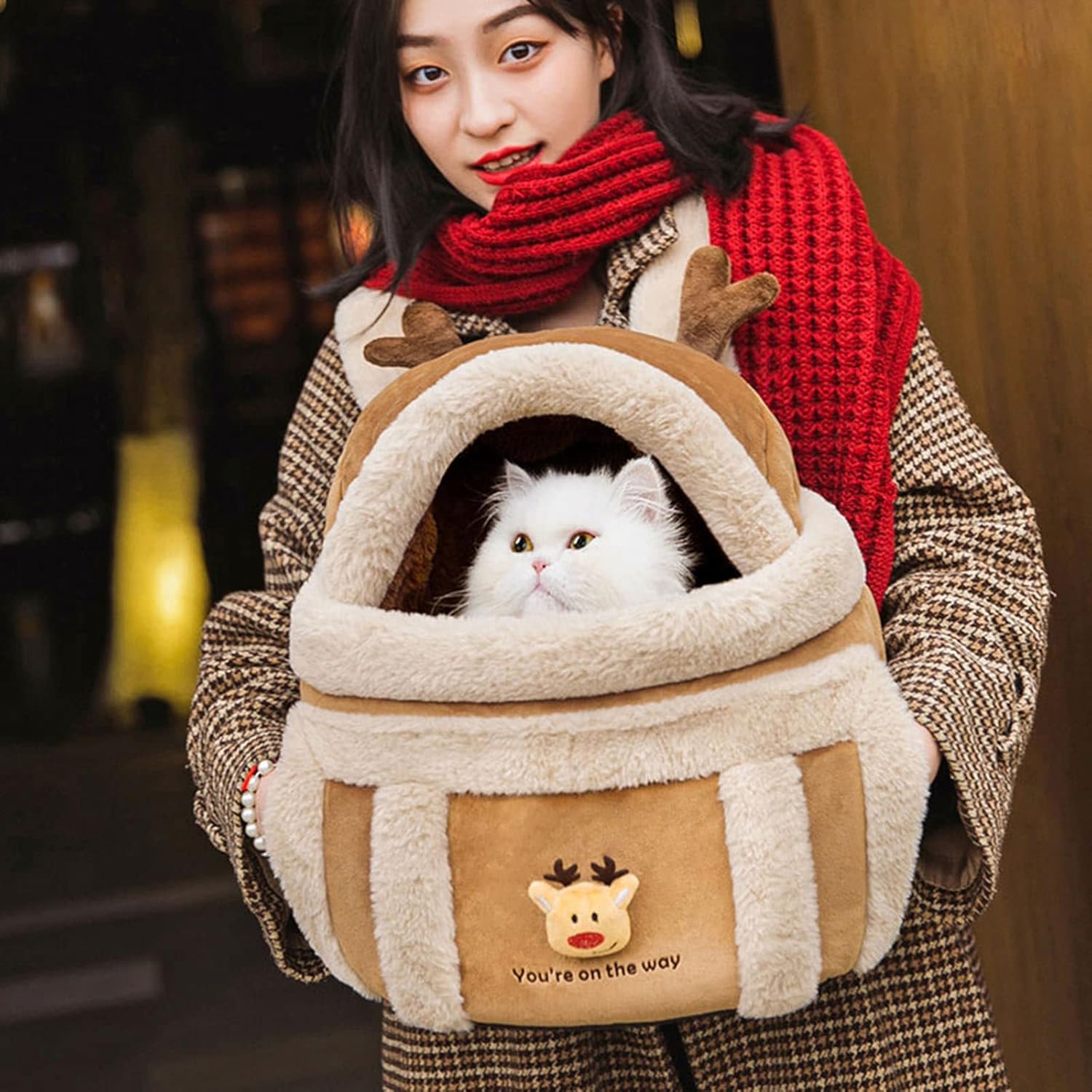 KFX-1788221 Pet Carrier Backpack for Dogs - Plush Winter Outdoor Travel Bag with Hand Warmers